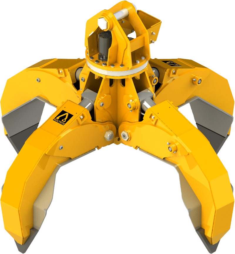 A mechanical yellow log grapple with four large curved jaws and silver-edged tips, designed for heavy-duty lifting and handling of logs and other materials in construction and forestry applications.